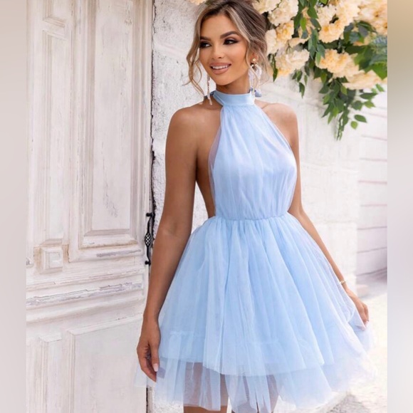 Sky Blue Mesh Party Dress - Picture 5 of 6